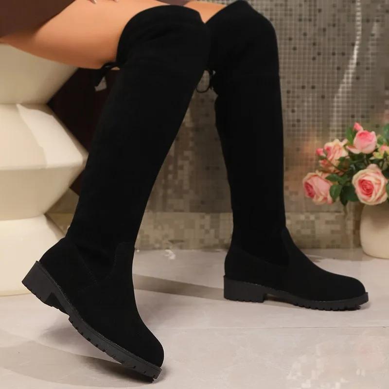 Fashion 2024 Winter High Quality Women's Boots New Fashion Round Toe Solid Color Square Heel Suede Lace Up Women's High Fashion Boots