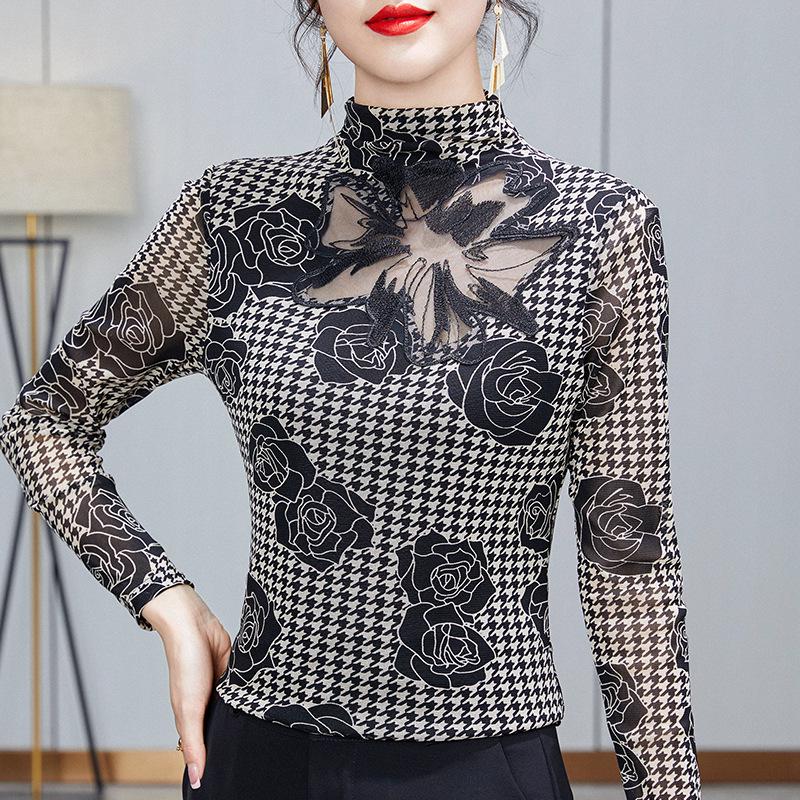 2025 Spring & Autumn Fashion Semi-High Neck Mesh Slimming Top for Moms