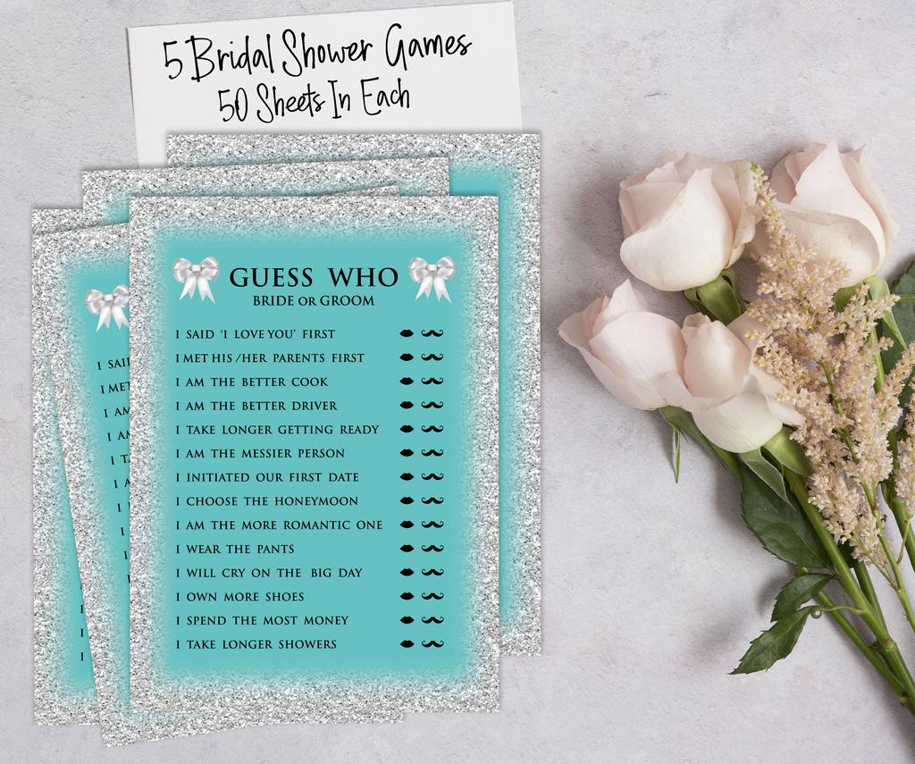 Inkdotpot Bridal Shower Games Set of 5 (Activities for 50 Guests) Glitter Theme Fun Bachelorette Party Games Set Bundle