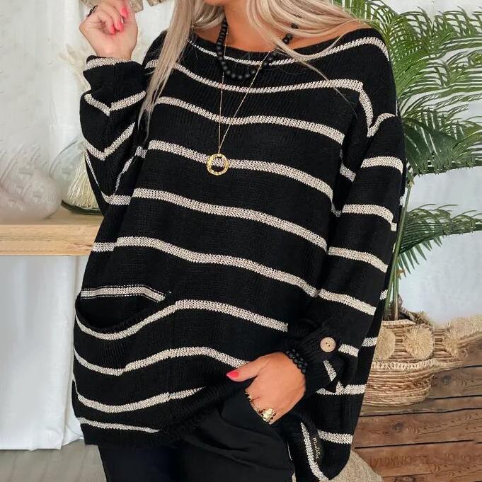 S-5XL Winter Stripe Clash Colour Round Neck Long Sleeve Loose Pocket Women's Fashion Sweater