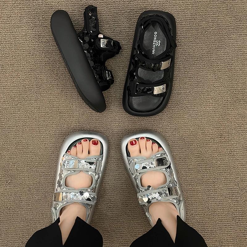 Summer Women's Sequin Sandals Convenient Velcro Muffin Thick Bottom Open Toe One Buckle Strap Sport Sandals Casual Beach Shoes