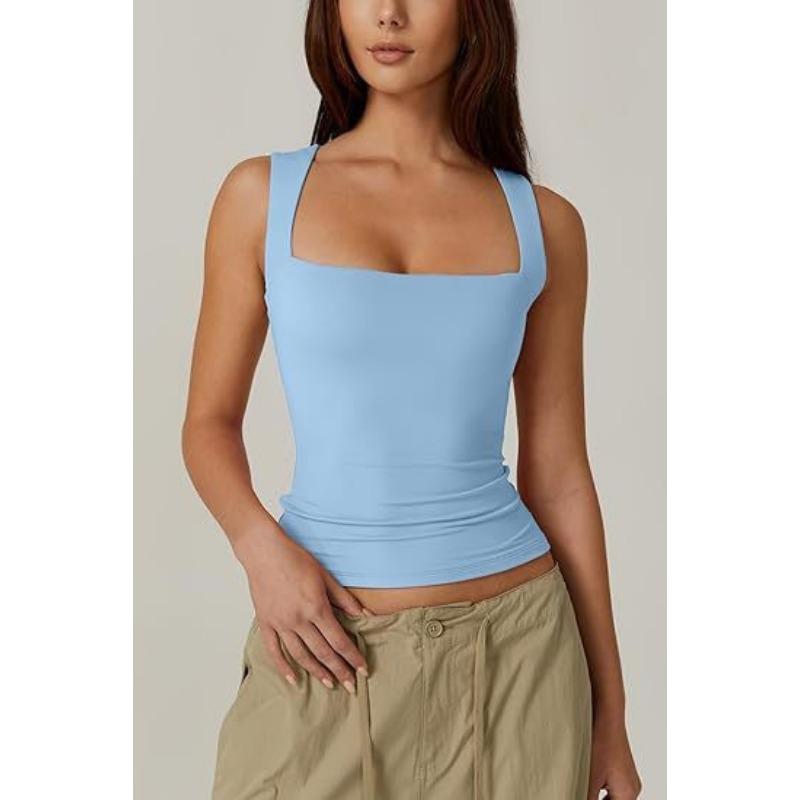 Summer Women's Square Neck Sleeveless Double Layer Tank Top Basic Tight T-shirt