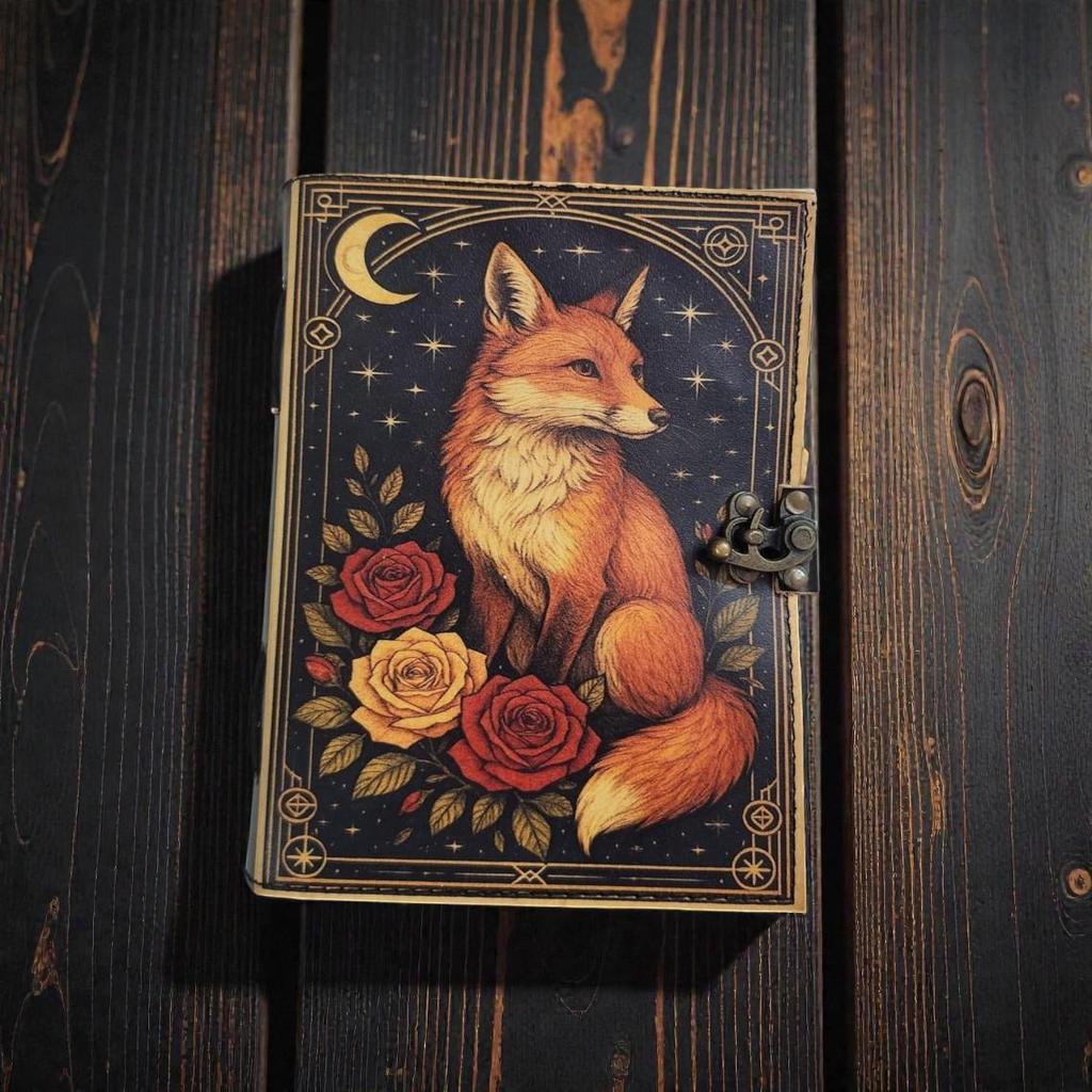 Handmade Leather Journal with Fox & Roses Cover – Vintage Deckle-Edge Paper, 200 Pages, 5x7 inch Diary, Gift Notebook