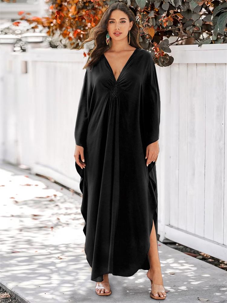 EDOLYNSA Plus Size Kaftan Black Solid Bohemian Printed Summer Long Beach Dress Women Homewear Outfit Swim Suit Cover Up Loose Caftan