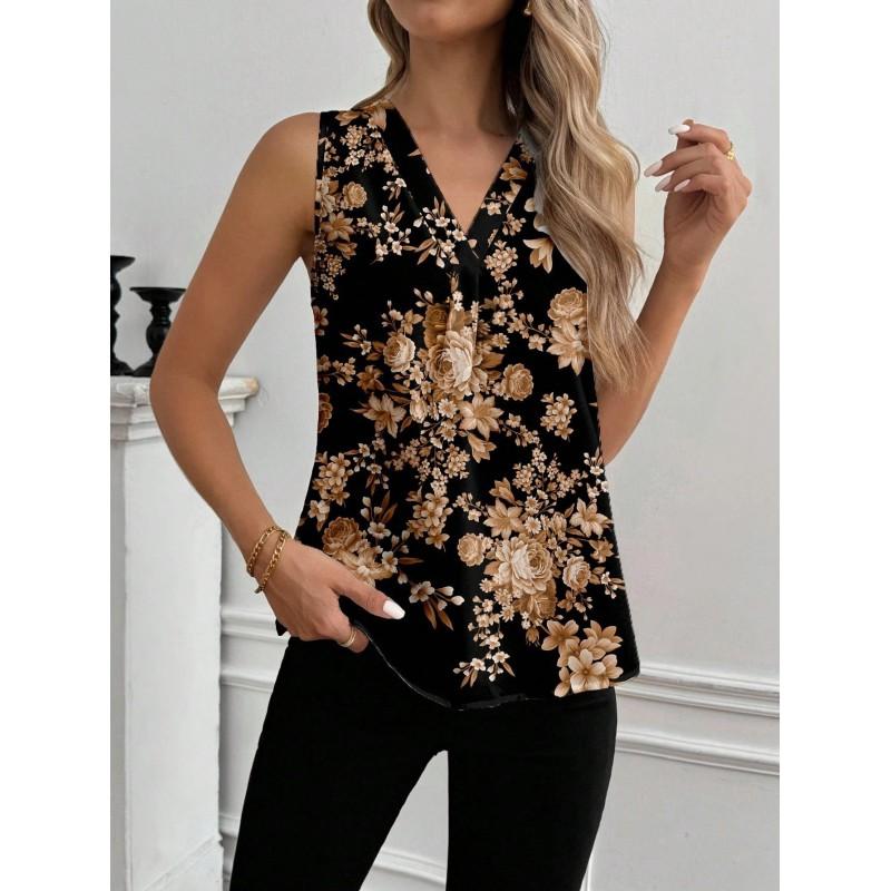 Womens Vintage Floral Print Sleeveless V-Neck Top Comfortable Casual Blouse Soft Cotton-Like Fabric 2025