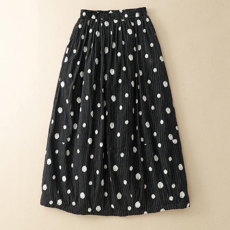 2026 Women's Quilted Polka Dot A-line Skirt - Black Cotton Linen, Thickened for Autumn/Winter