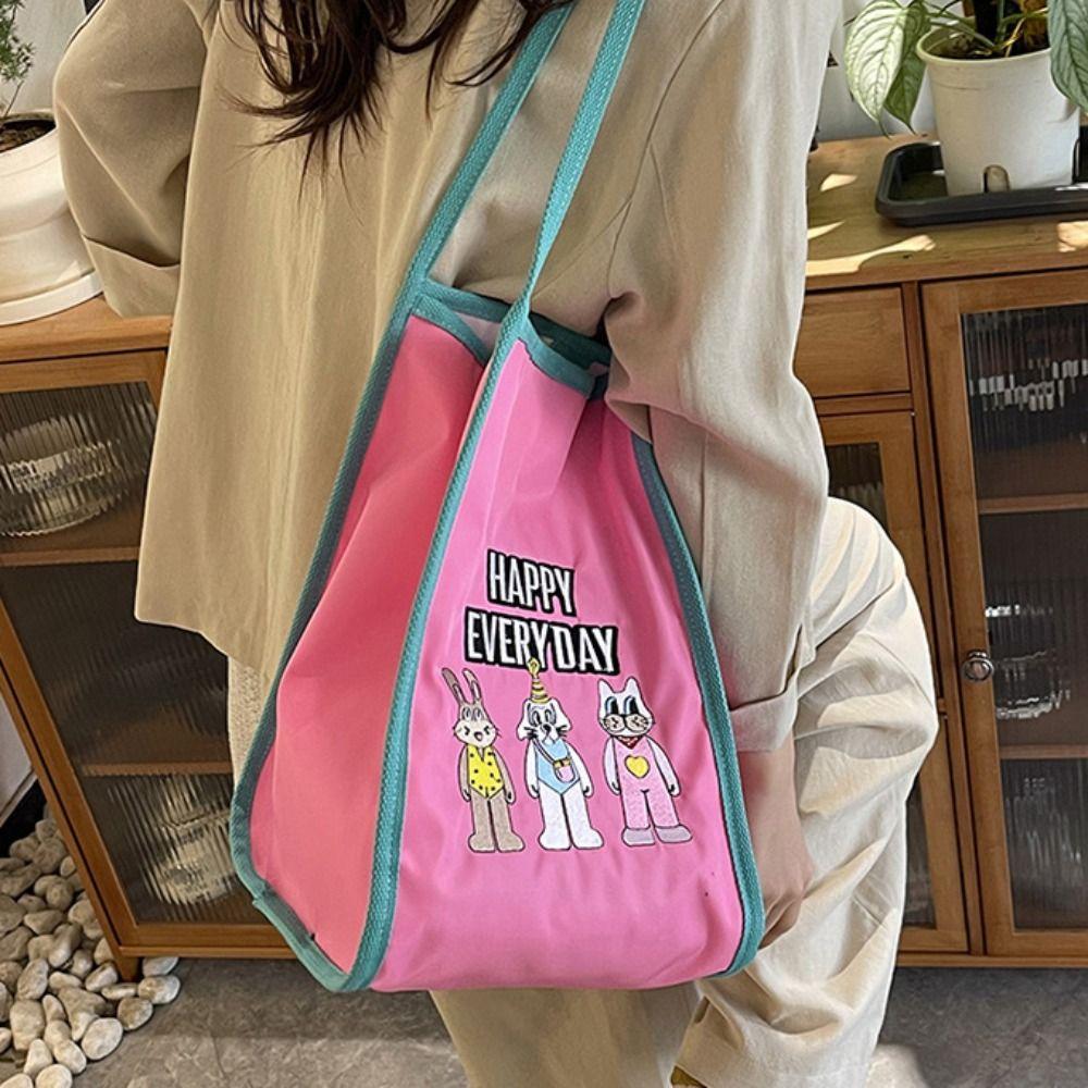 Lightweight Cartoon Shopping Bag Casual Embroidery Basket Bag Tote Bag Bunny Shoulder Bag  Unisex