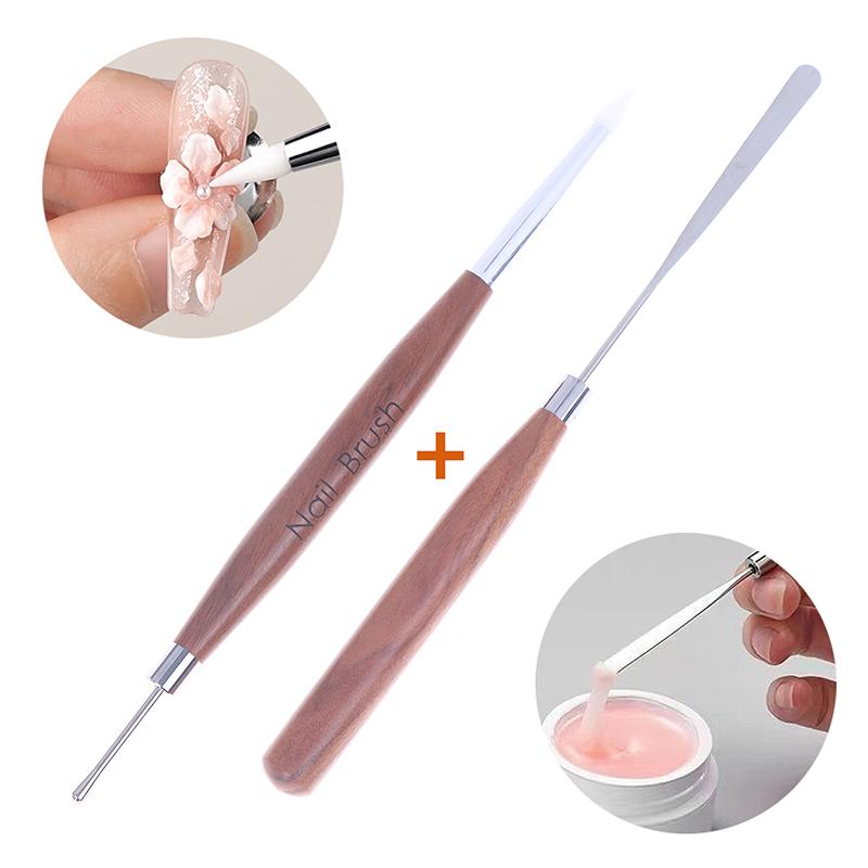 2 Pcs Professional Double-Ended Silicone Head Carving Dotting Pen Sandalwood Handle Swirl Nail Painting Pen Diy Carving Pen Tool
