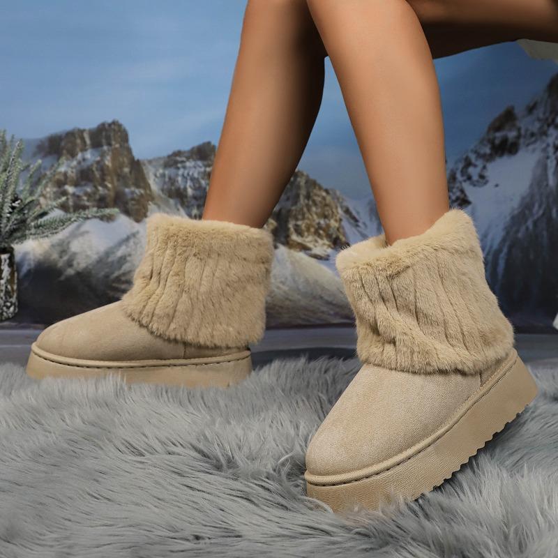 Women's Thick-Soled Snow Boots 2025 Winter New Style Fashionable Fleece-Lined Warm Mid-Calf Boots Turned-Up Legs with Fur Trim