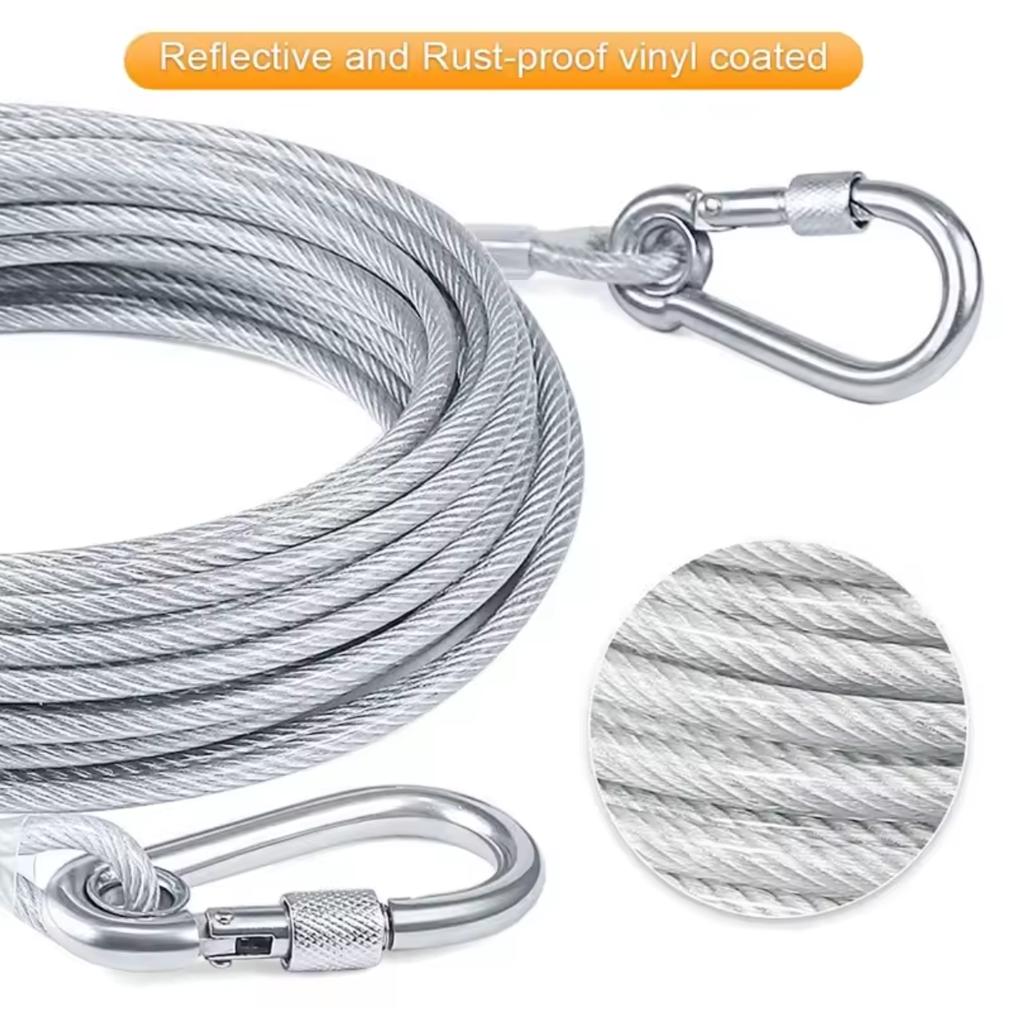 4.6m/9m/15m Double Leashes Stainless Steel Dog Tie Strap Cable Leash Raction Rope with Metal Buckle Steel Wire Collar Outdoor