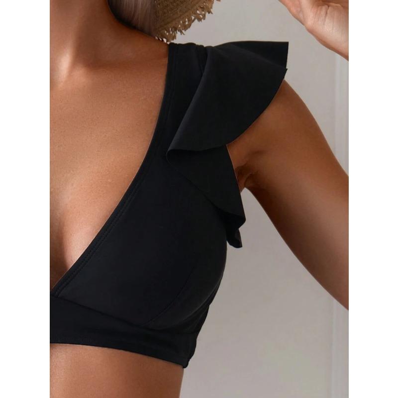Navy Blue Ruffle Sleeve High Waist Bikini Set V Neck Two Piece Swimsuit