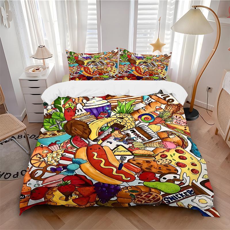 3pcs Anime Cartoon Food Themed Comforter Set with One Quilt Cover and Two Pillowcases (No Core), Perfect for Bedroom and Guest Room Decoration - Festi