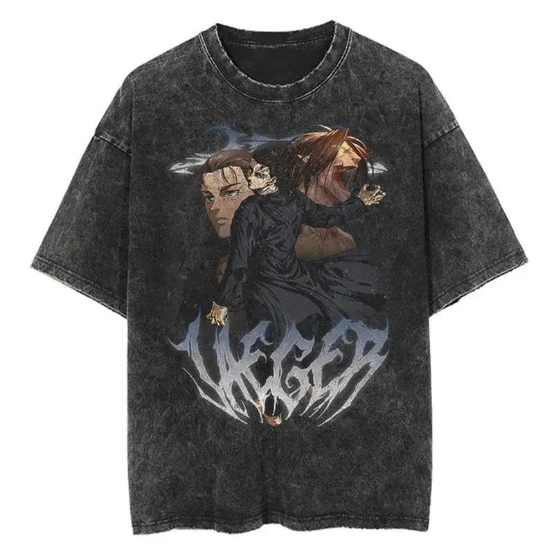 Attack On Titan Men's and Women's Washed T-Shirt Eren Yeager Summer Spring Anime Cotton Tee Retro Distressed Y2k Short Sleeve