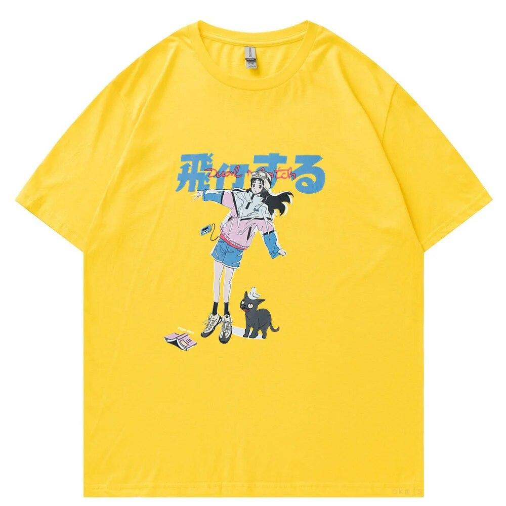 

Хип-хоп мультфильм девушка кошка японская футболка с принтом кандзи уличная футболка Harajuku 2023 унисекс летняя футболка с коротким рукавом топы футболки 4XL