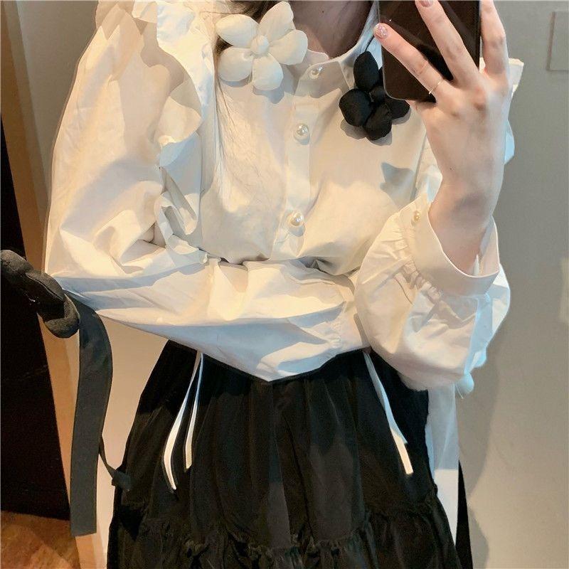 3D Floral Women's Shirt Korean Version Loose Turndown Collar Ruffle Design Single Breasted Lady Blouse Spring Casual Daily Famale Long Sleeved Top