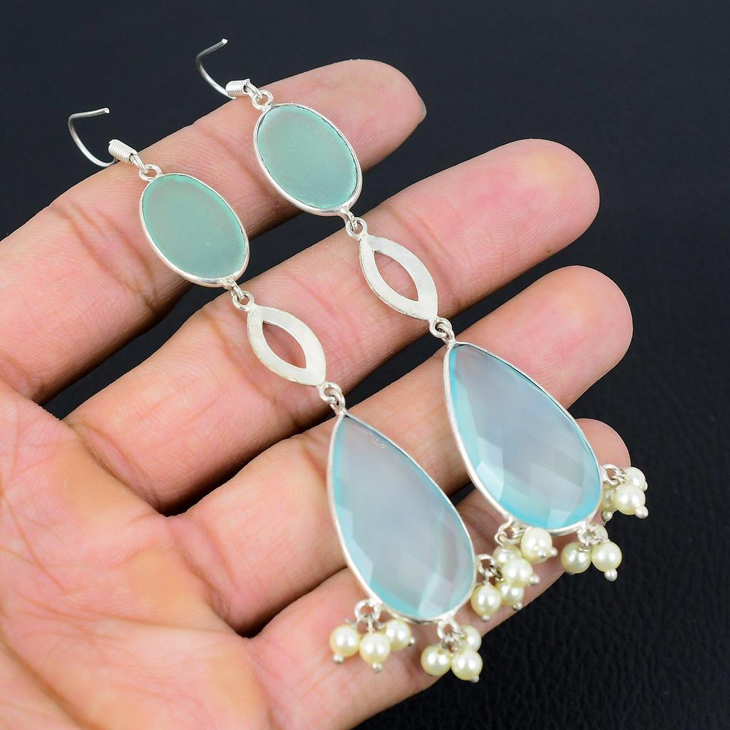 Freundschaftstag Sale Aqua Chalcedon Stein Sterling Silber Hängeohrringe