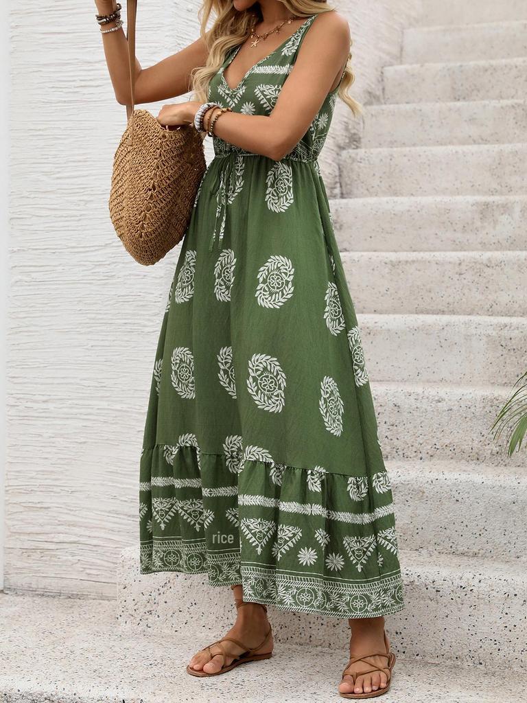 2026 Spring/Summer Ethnic Style Sleeveless V-Neck High-Waist Backless Maxi Dress for Women