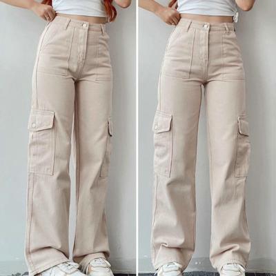 Frauen Cargo Hosen Hohe Taille Taste Zipper Fly Multi Taschen Gerade Bein Lange Hosen Einfarbig Hosen Streetwear