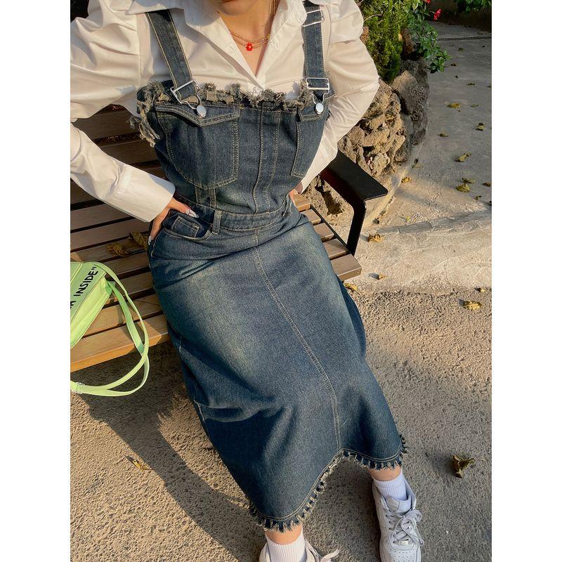 

Nan Loose-Fit Denim Dress Women s Spring and Autumn Plus Size Plus Size Ladies Slim Looking Street Internet-Famous Suspender Skirt A- Line Dress White Shirt XL