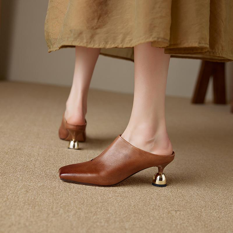 Fashion 2025 Women's Shoes New Summer Retro Square Toe Genuine Leather Sheepskin Baotou High Heel Large Muller Half Slippers Heels Women