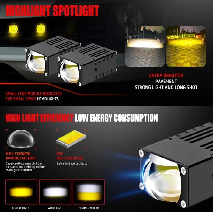 2Pcs Mini Grille Spotlight LED Headlight Bumper Fog Lamps Auxiliary 5500K 3000k Projector Lens Work Light Waterproof Driving Light,