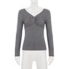 Women's European & American Style Grey Twist Slim-fit Pleated V-neck Long Sleeve Top
