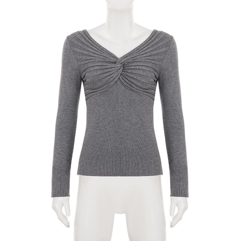 Women's European & American Style Grey Twist Slim-fit Pleated V-neck Long Sleeve Top
