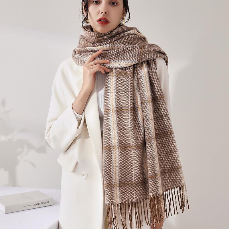 New imitation cashmere plaid coffee-colored scarf for women, long scarf and large shawl
