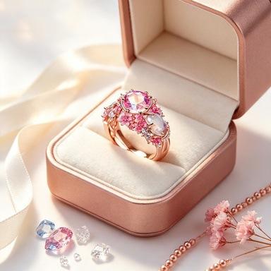 Luxury Female Big Pink White Zircon Big Stone Engagement Round Flower Ring Vintage Gold Color Wedding Fashion Jewelry for Women