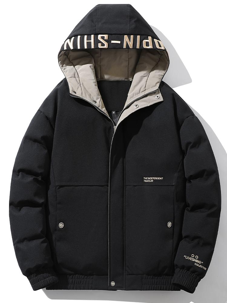 

Мужская черная дутая куртка с капюшоном и контрастной подкладкой, вышитыми надписями на капюшоне и спине, зимнее пальто в уличном стиле 4XL чёрный