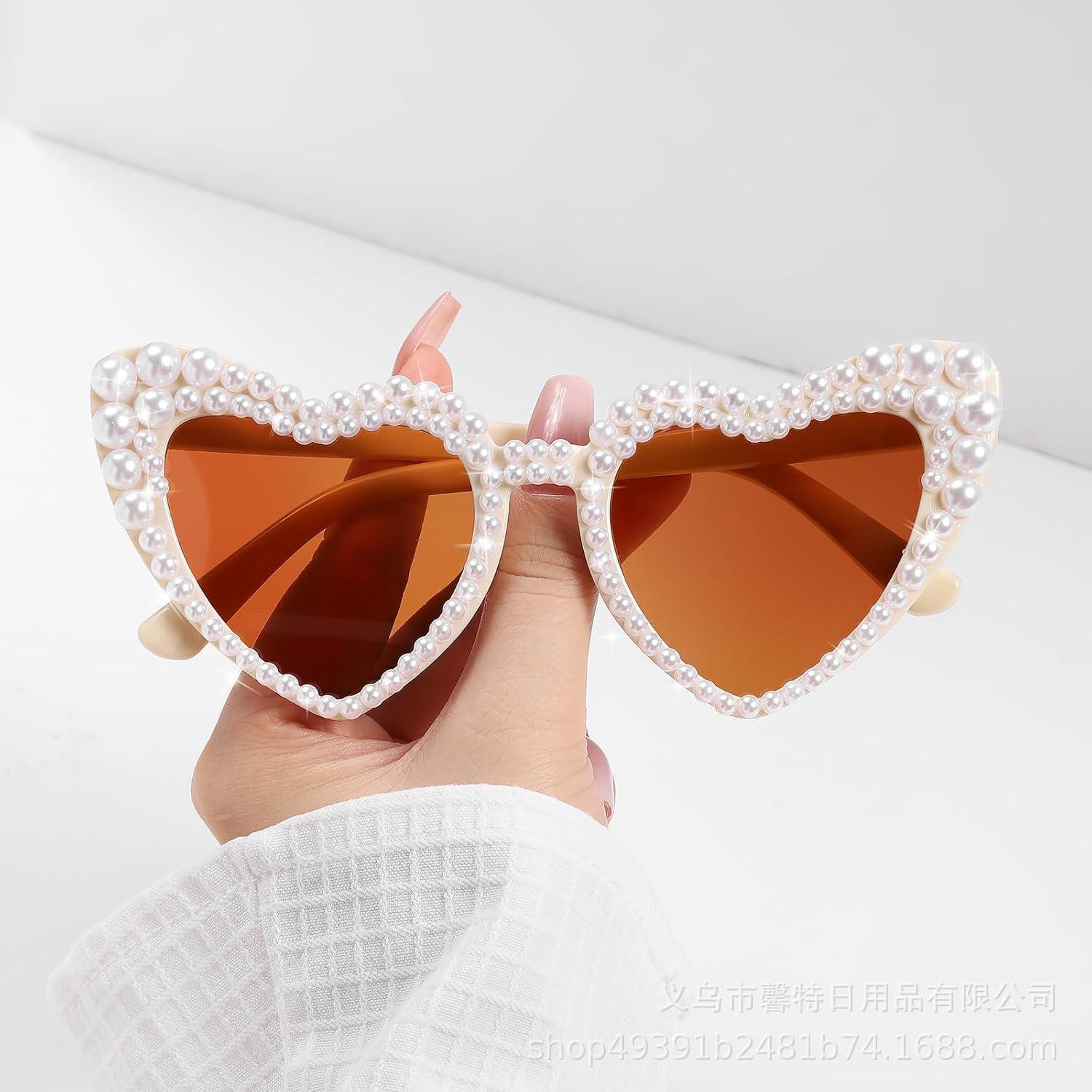 

Heart-Shaped Wedding & Bachelorette Sunglasses with Retro Lenses & Pearl Detail. PE Bag