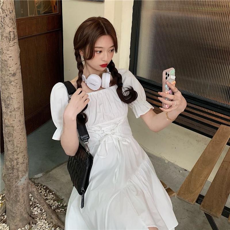 Irregular Hem Solid Color Dresses Female Summer Design Sense Bubble Sleeve Dress