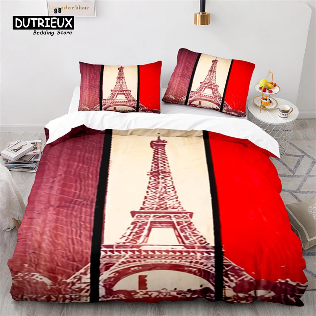 Eiffel Tower Duvet Cover Microfiber Paris Cityscape In The Clouds Bedding Set King Size For Kids Adults Romantic Comforter Cover
