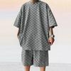 Men's Sports Suit Summer Korean High Street Jacquard Plaid T-shirt Shorts Two-piece Set Male Casual Retro Loose O-neck Top