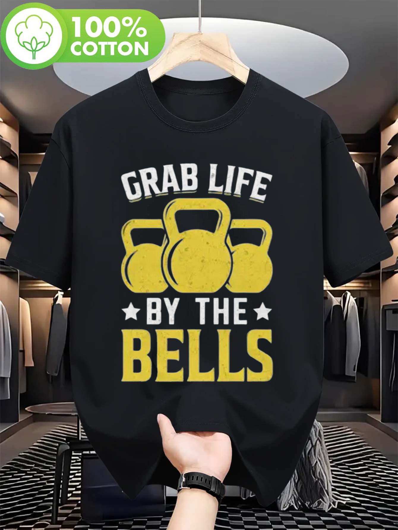 

Stretchy Cotton T-shirt - GRAB LIFE BY THE BELLS with Yellow Kettlebell Graphics XXL