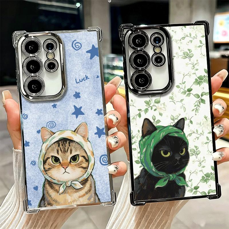 Cute Floral Headscarf Kitten Plating Phone Case For Samsung Galaxy S24 S25 FE S26 Edge S23 Ultra S22 S21 Plus S20 Anti-Fall Aira