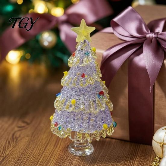 Christmas Tree Ornament Hand Blown Glass Figurine with Golen Star, Atmosphere Decor Mini Xmas Ornament, Handmade Desktop Holiday Decoration