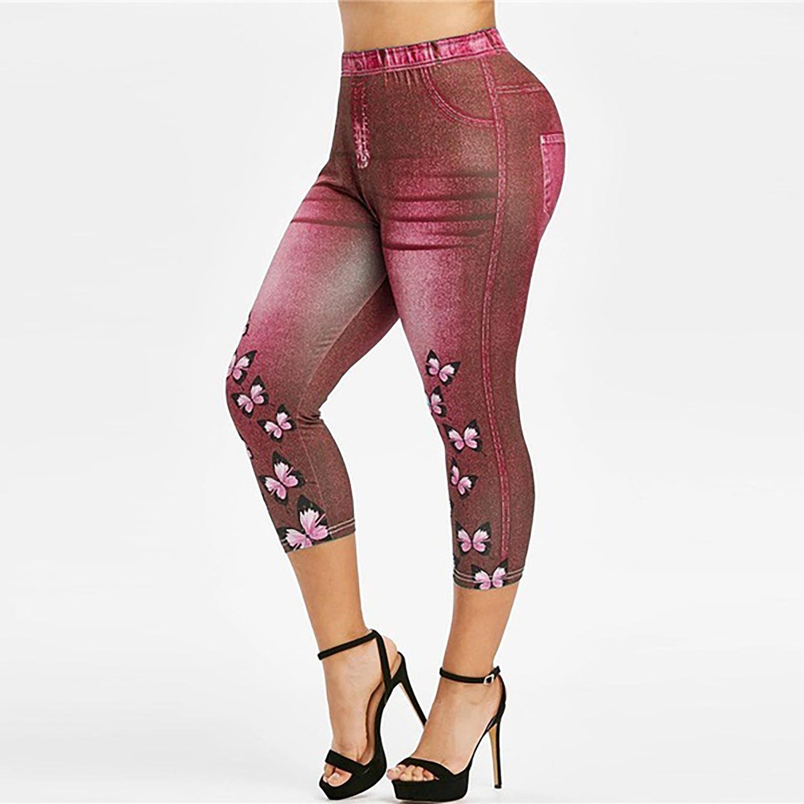 

Plus Size 3D Denim Butterfly Print Womens Elastic Waist Leggings Jeggings Pants S червоний