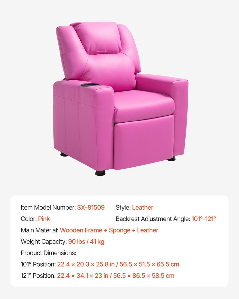 VEVOR Kids Reclining Chair, Toddler Recliner with Cup Holder, 101 Degrees To 121 Degrees Adjustable Backrest