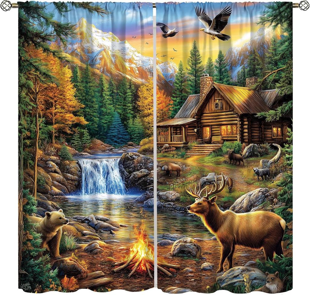 Farmhouse Deer Curtains Bedroom Vintage Rustic Fall Hunting River Cabin Elk Wildlife Window Drape Boys Girls Living Room Curtain For Sitting Polyester