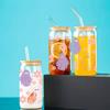 Pink Flowers/Purple Ghost Printed Glass Cup With Bamboo Lid&Straw Clear Heat-Resistant Juice Coffee Glass Can Halloween Gifts
