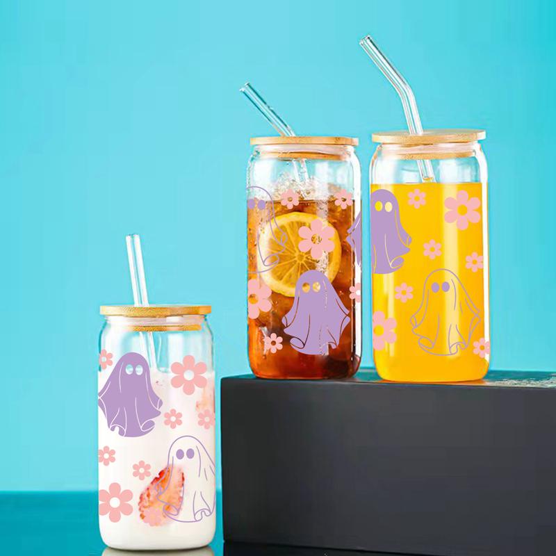 Rosa Blomster/Lilla Spøkelse Trykket Glasskopp Med Bambuslokk&Sugerør Klar Varmebestandig Juice Kaffe Glass Kan Halloween Gaver