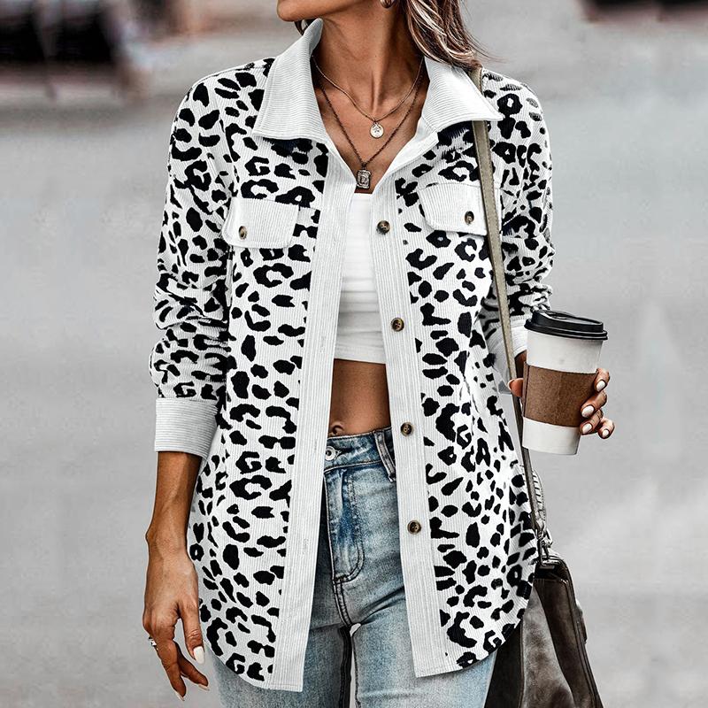 Modischer Jackenmantel mit Leopardenmuster für Damen, mit Kragen, langen Ärmeln, Knopfleiste, lässiger Mantel mit Tasche aus Cord, weich, bequem, lockere Herbst-/Winterjacke