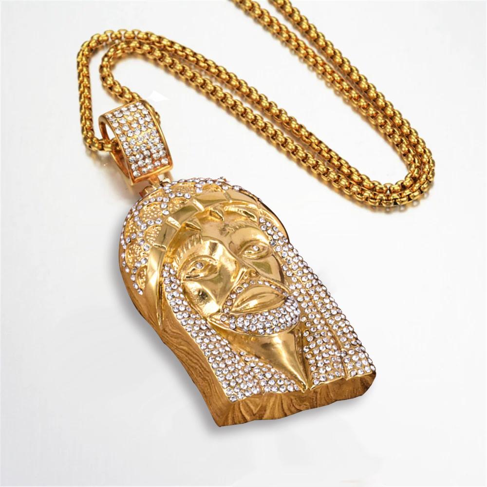 Hip Hop Iced Out Bling Jesuskopf Anhänger Männlich Goldfarbe Edelstahl Christlich Großes Halskette für Männer Religiöser Schmuck Geschenk