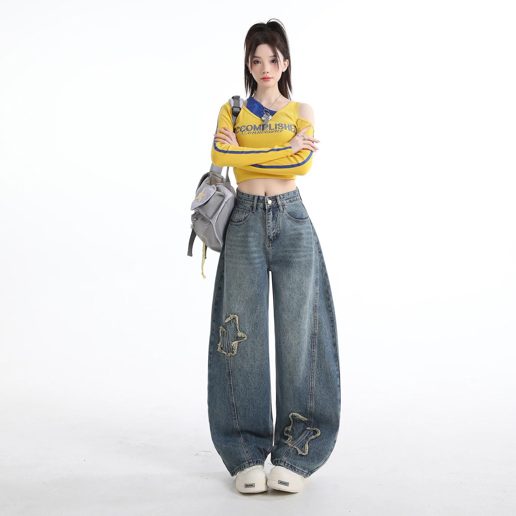 

Women s High-Waisted Retro Star Patch Wide-Leg Jeans - 2026 Spring Collection Extra Small