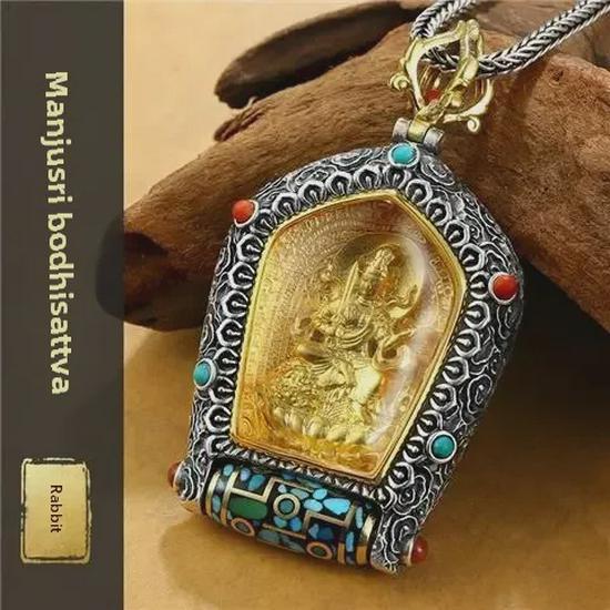 Guardian God Buddha Dzi Bead Pendant Necklace: Wealth God's Green Tara for Men and Women