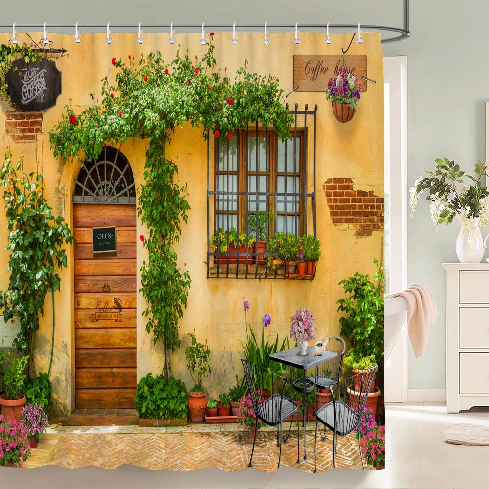 European Garden Patio Landscape Shower Curtains Beach Flowers Bathroom Curtain for Bathroom Polyester Waterproof Shower Curtain