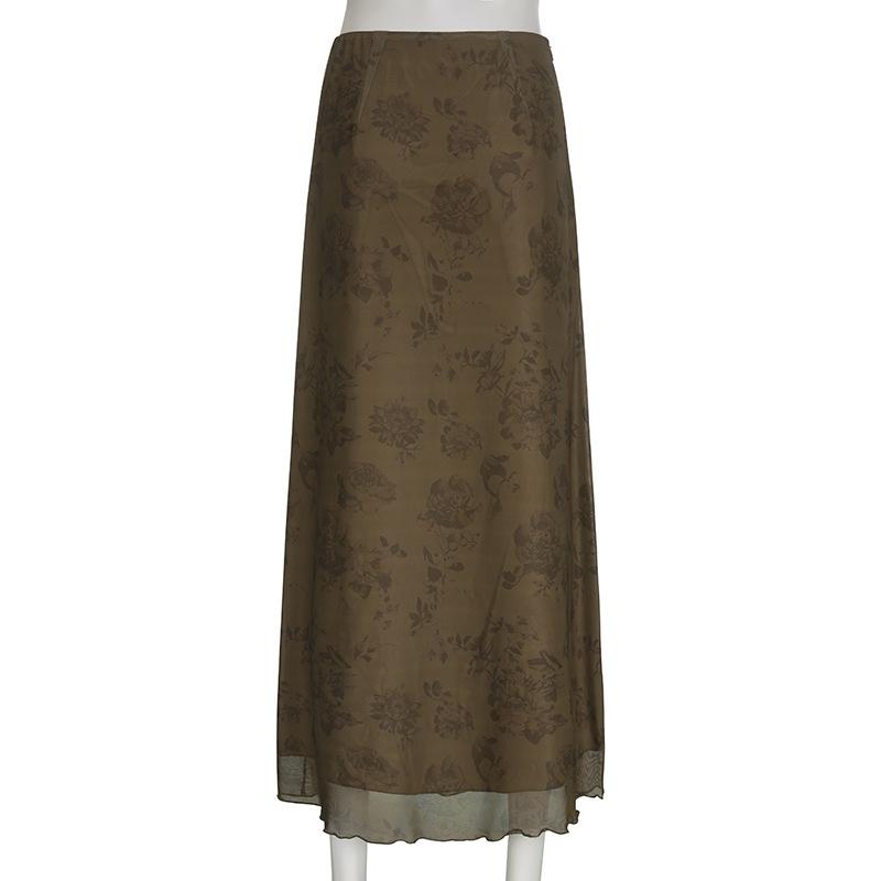 Dámská retro elegantní sukně s malým květinovým potiskem, větruodolná síťovina a dlouhým rukávem