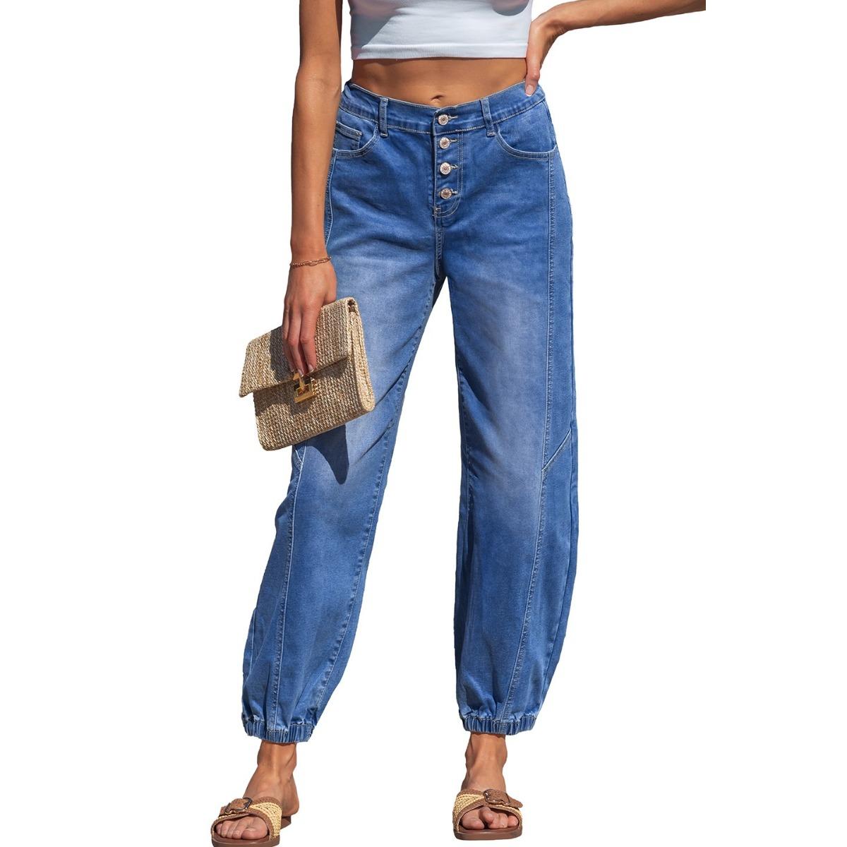 Women s High Waist Jogger Jeans Loose Fit Denim Pants Casual Button Pocket Jogging Jeans 4