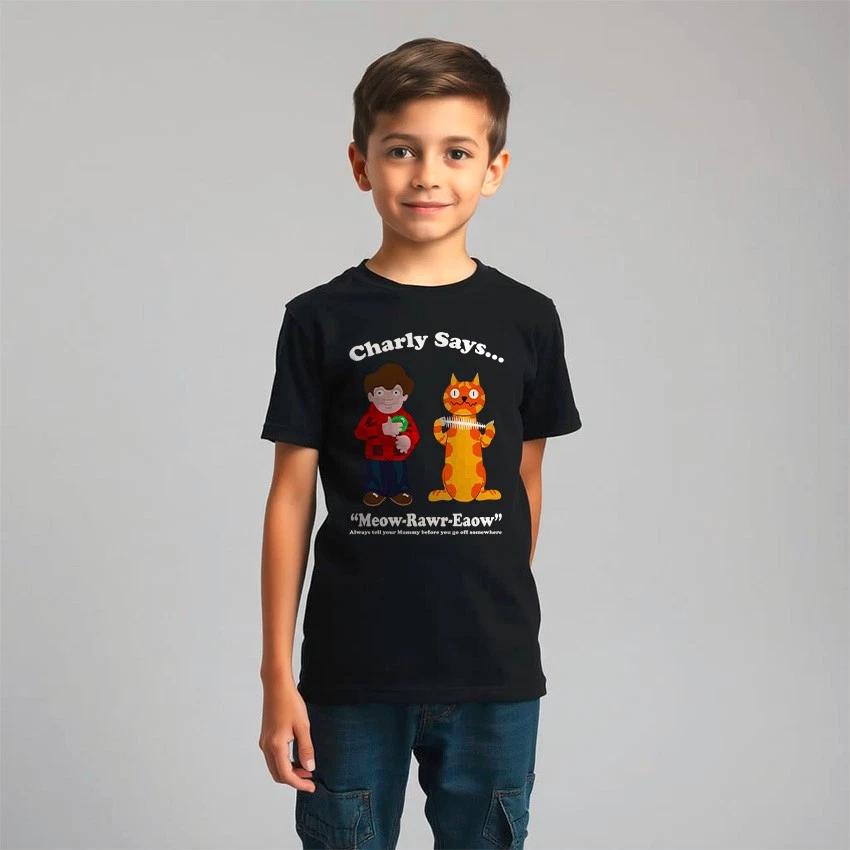 

Charley Says Meow Mens T-Shirt, Funny Cartoon Rave Techno Dance Unisex Gift Tee S